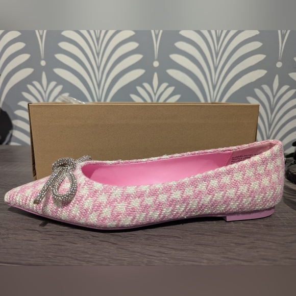 Steve Madden Shoes - Steve Madden Pink and White Elina Pointed Ballet Flat with Crystal Bow